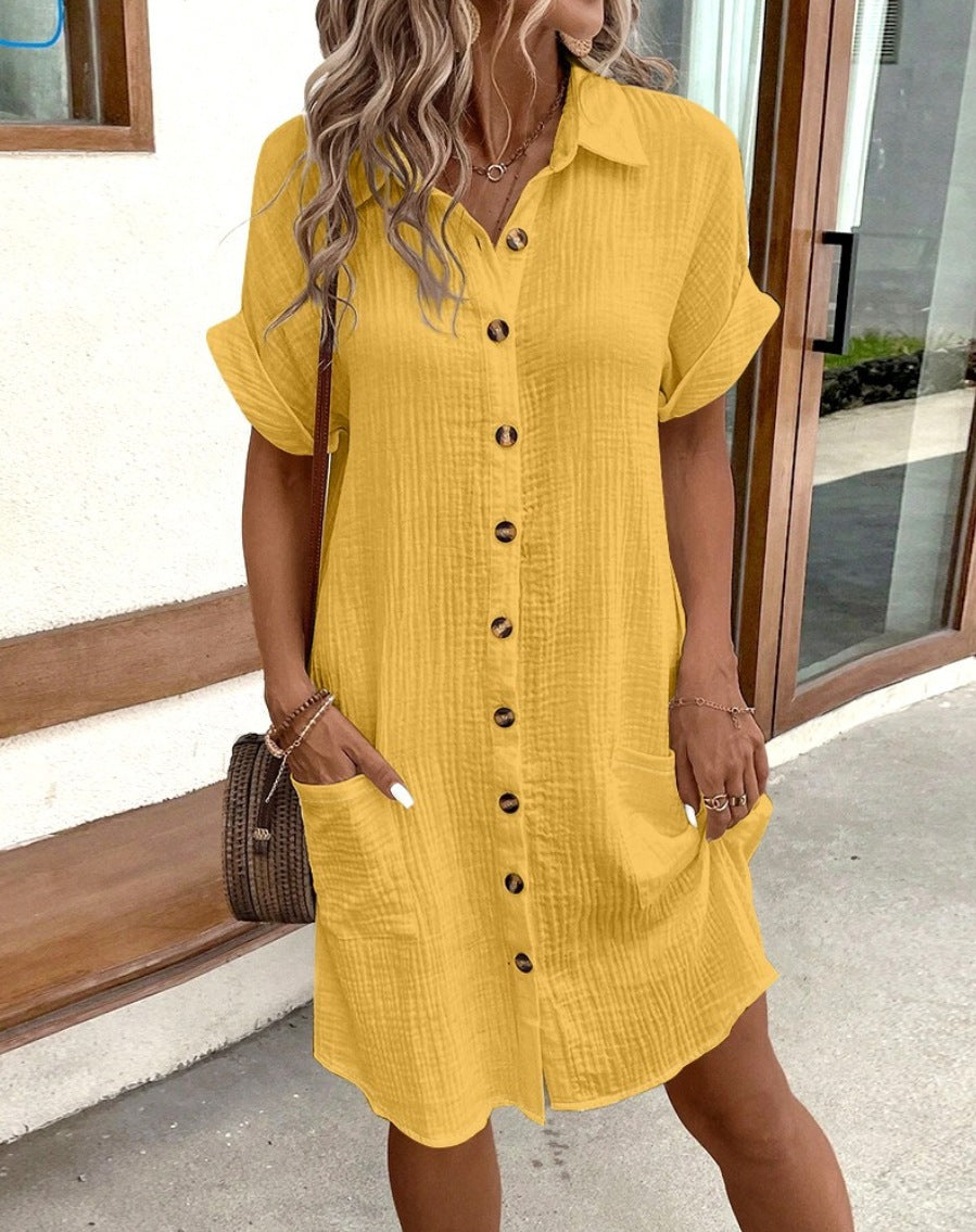 Damen Kurzarm Hemdkleid mit Knopfleiste und praktischen Taschen Heidi-Mode