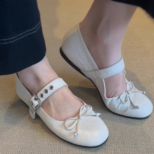 Damen Stylische Mary Jane Ballerinas mit Dekorativem Riemen und Schleifendetails Heidi-Mode