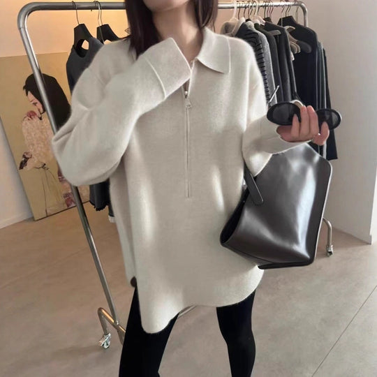 Damen Modischer Pullover mit Reißverschluss und Kragen Heidi-Mode