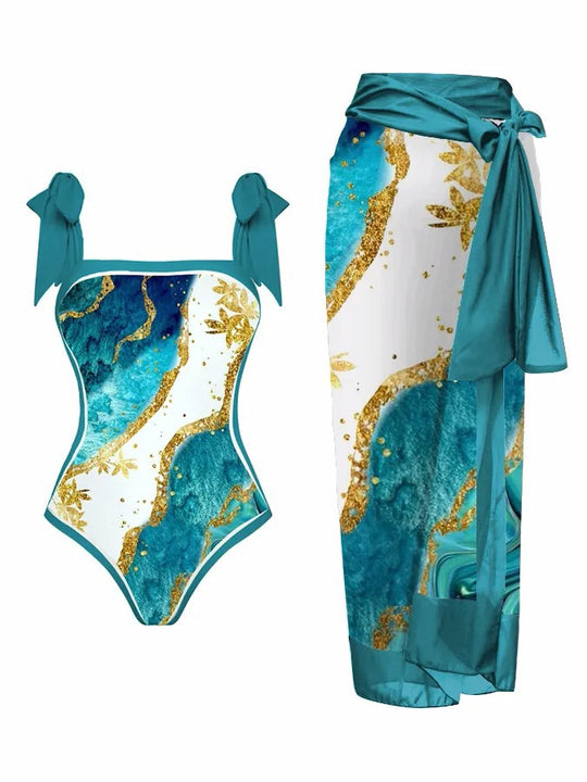 Damen Zweiteiliges Badeoutfit mit stilvollem Wickelrock und floralem Muster Heidi-Mode
