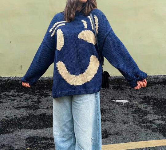Damen gestrickter Pullover mit fröhlichem Smiley-Motiv und lässigem Schnitt Heidi-Mode