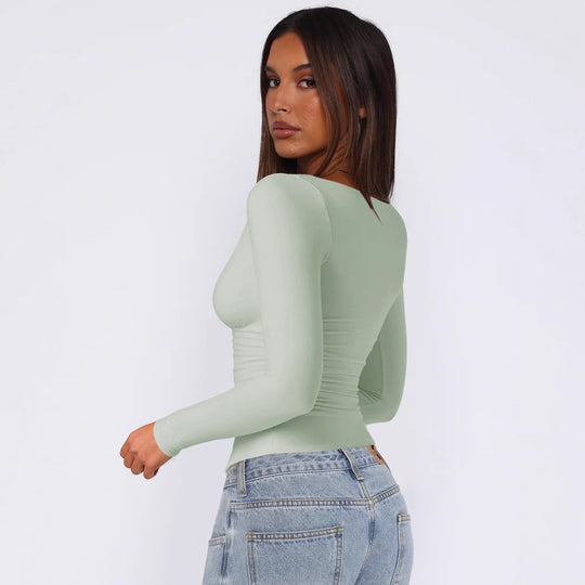 Damen figurbetontes Langarmoberteil mit V-Ausschnitt und Raffungen Heidi-Mode