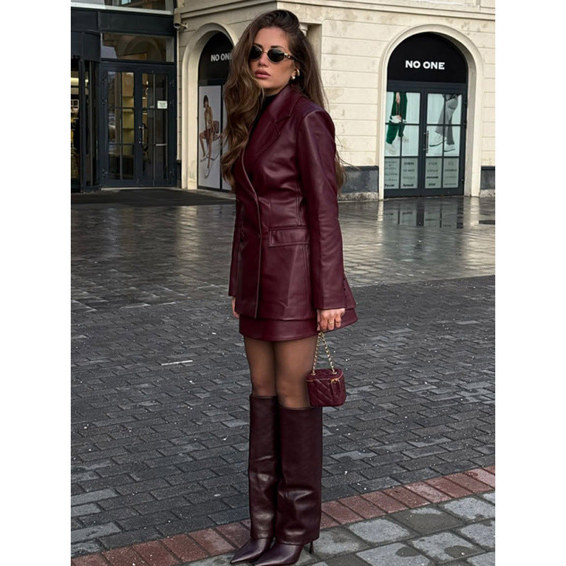 Damen elegante Kunstlederblazerjacke im taillierten Schnitt mit modischem Detail Heidi-Mode