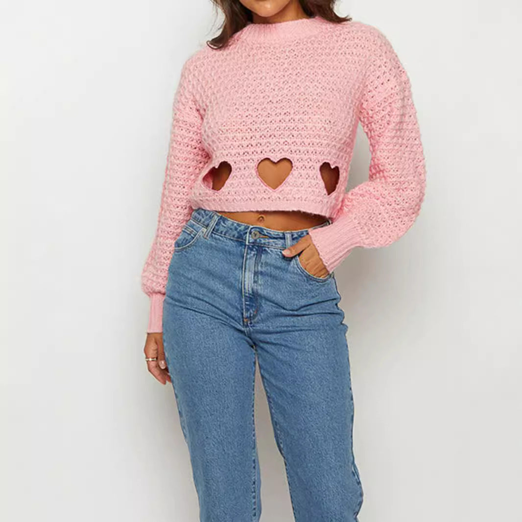 Damen Grob gestrickter Pullover mit Herzverzierungen und lockerem Schnitt Heidi-Mode