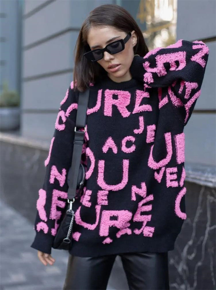 Damen Oversized Strickpullover mit auffälligem Schriftzug und lässiger Passform Heidi-Mode