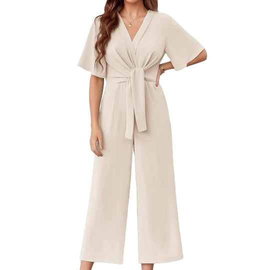 Damen eleganter Wickel-Jumpsuit mit weiten Beinen und Taillengürtel Heidi-Mode