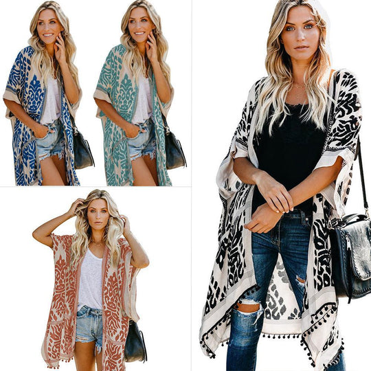 Damen Luftige Kimono-Cardigan mit aufwändigem Muster und fransenbesetzten Saum Heidi-Mode