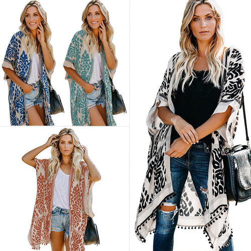 Damen Luftige Kimono-Cardigan mit aufwändigem Muster und fransenbesetzten Saum Heidi-Mode