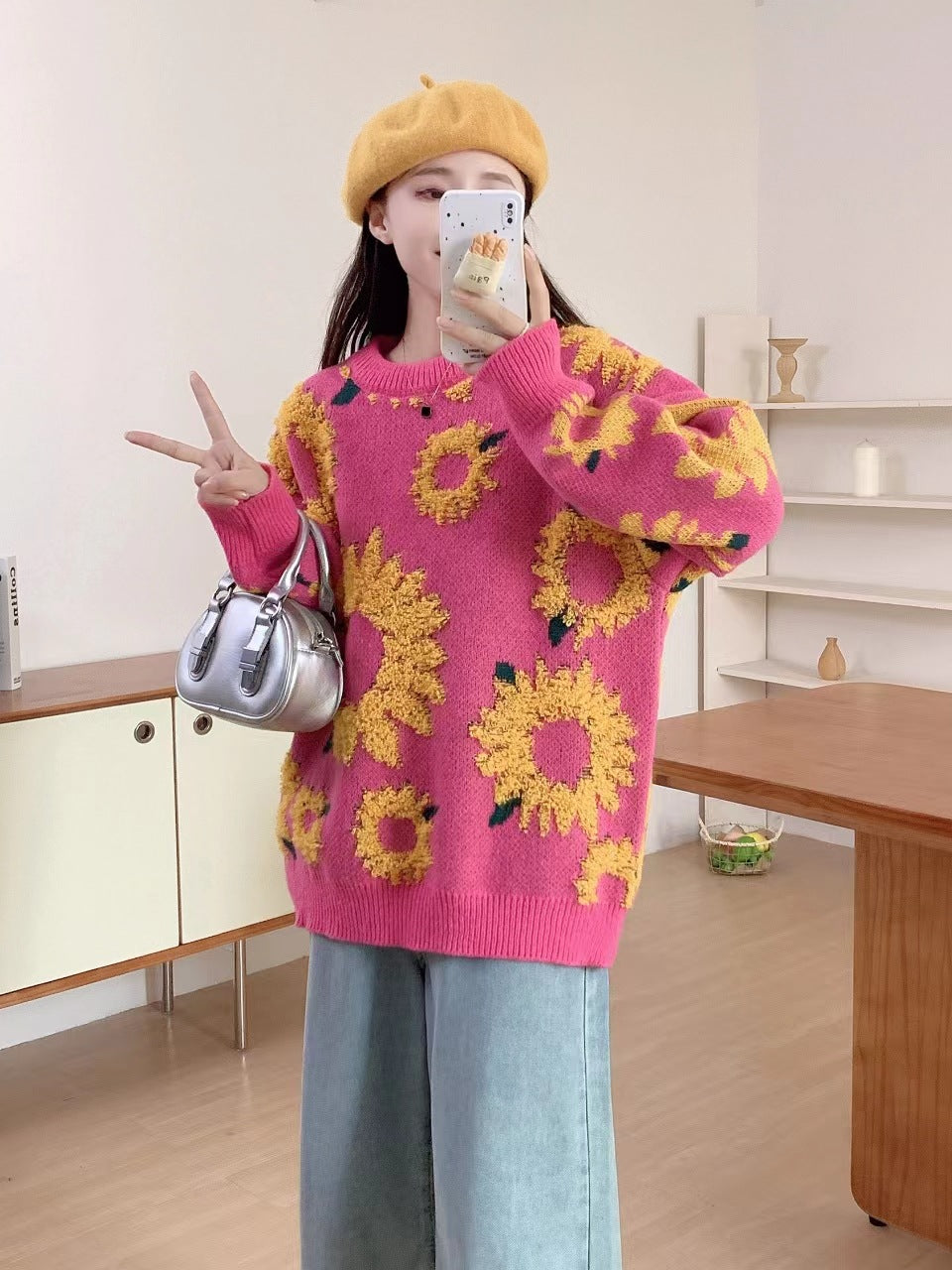 Damen Grobstrickpullover mit floralen Applikationen Heidi-Mode