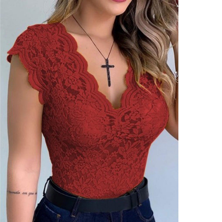 Damen Spitzenbodysuit mit tiefem V-Ausschnitt und Rüschenärmeln Heidi-Mode