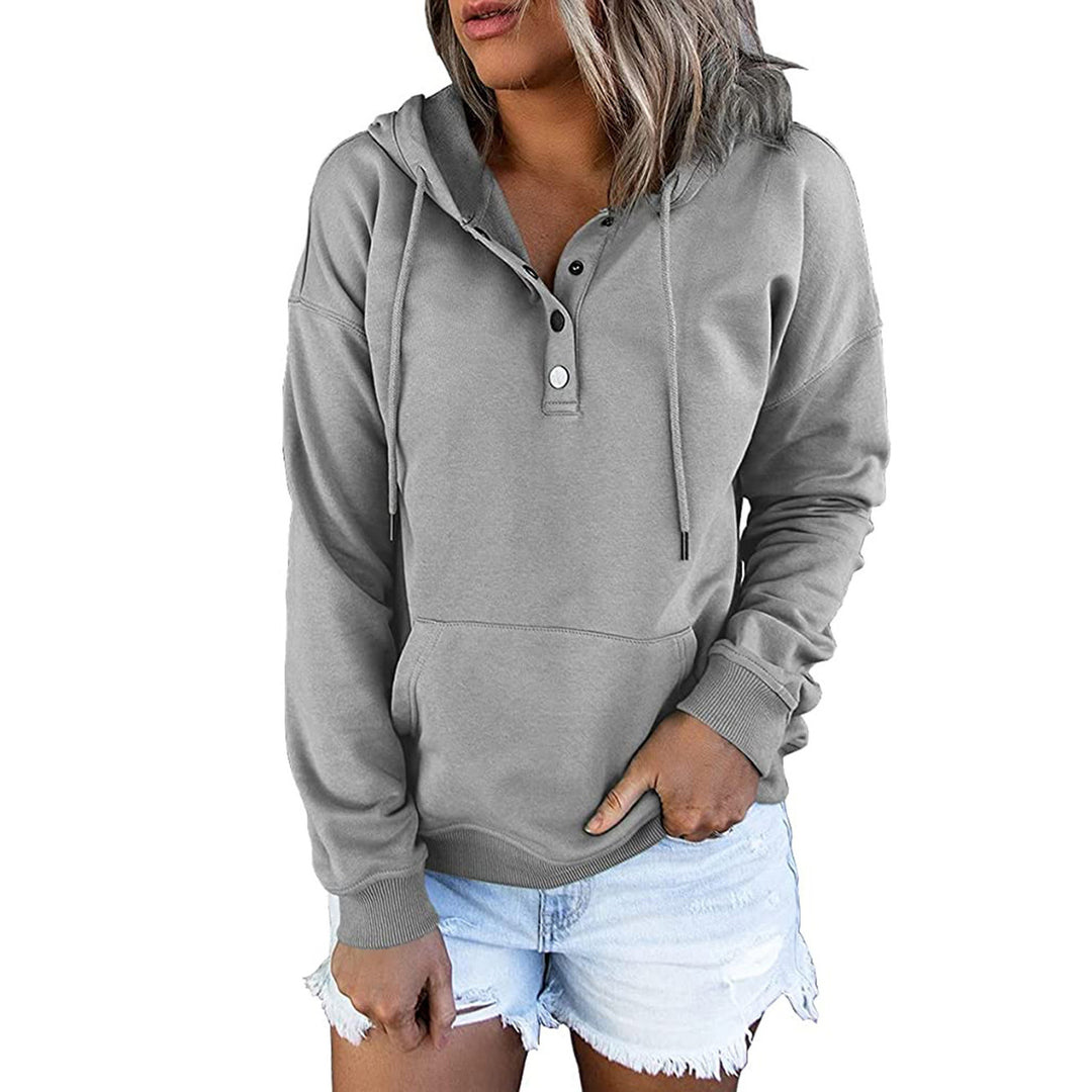 Damen lässiger Kapuzenpullover mit Druckknöpfchen und seitlichen Eingrifftaschen Heidi-Mode
