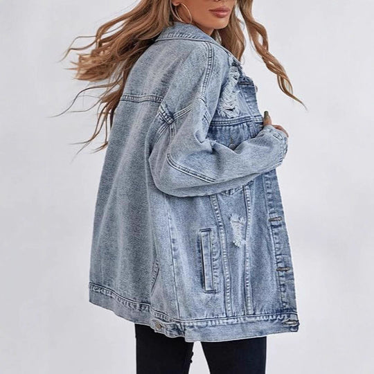 Damen lässige Oversized Jeansjacke mit distressed Details und hochwertigen Metallknöpfen Heidi-Mode