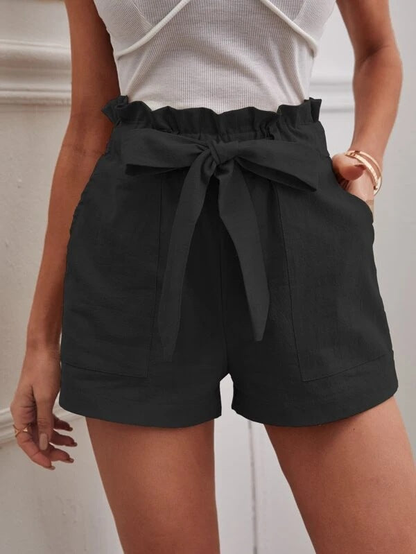 Damen elegante Leinen-Shorts mit Bindegürtel und breitem Bund Heidi-Mode