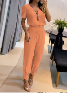 Damen Jumpsuit mit V-Ausschnitt und Gummizug Heidi-Mode