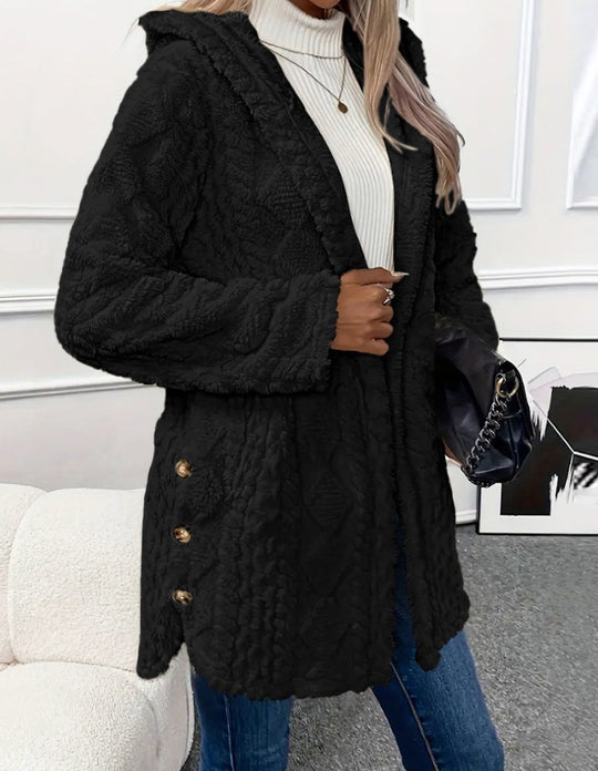 Damen Kuschelige Jacke mit Kapuze und Knopfdetails Heidi-Mode