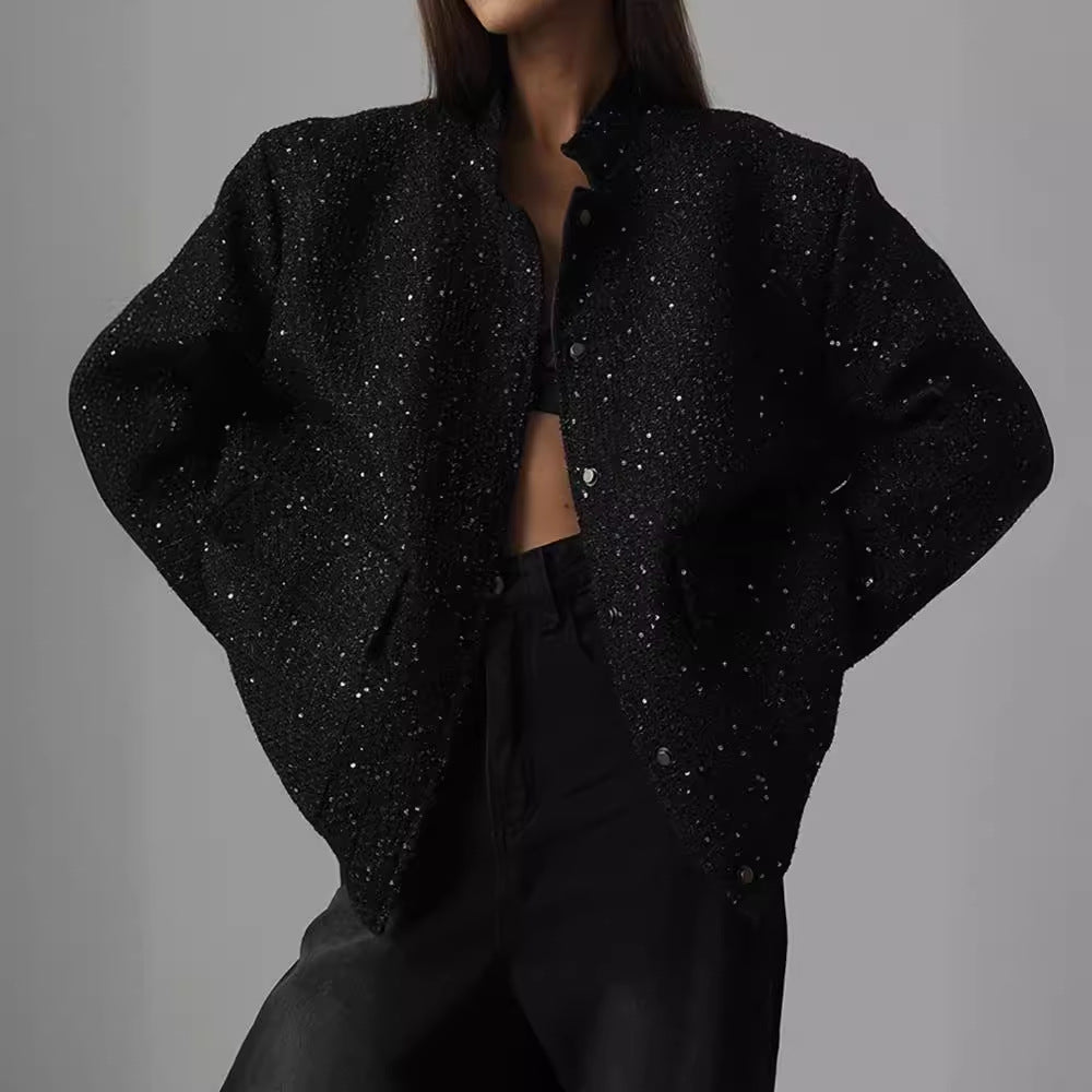 Damen Glamouröse Glitzerjacke mit oversized Schnitt und modischen Taschen Heidi-Mode