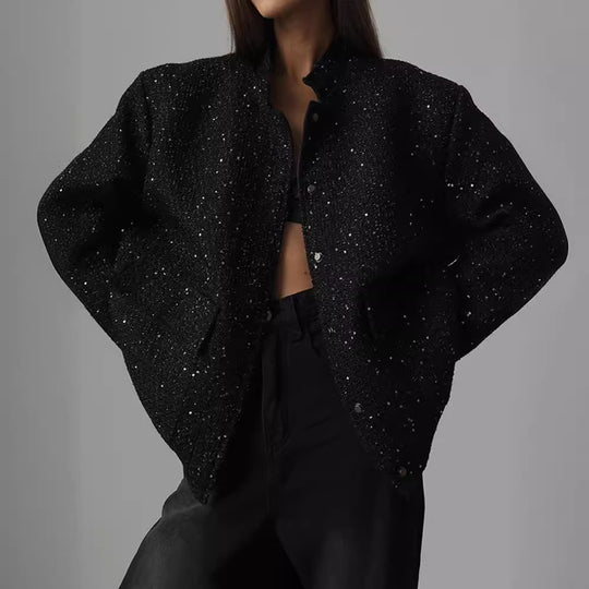 Damen Glamouröse Glitzerjacke mit oversized Schnitt und modischen Taschen Heidi-Mode