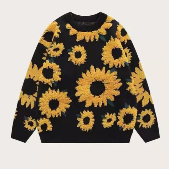 Damen Grobstrickpullover mit floralen Applikationen Heidi-Mode