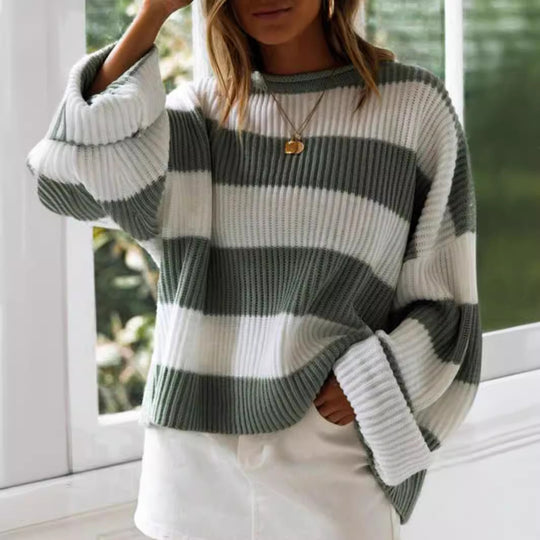 Damen gestreifter Strickpullover mit weitem Schnitt Heidi-Mode