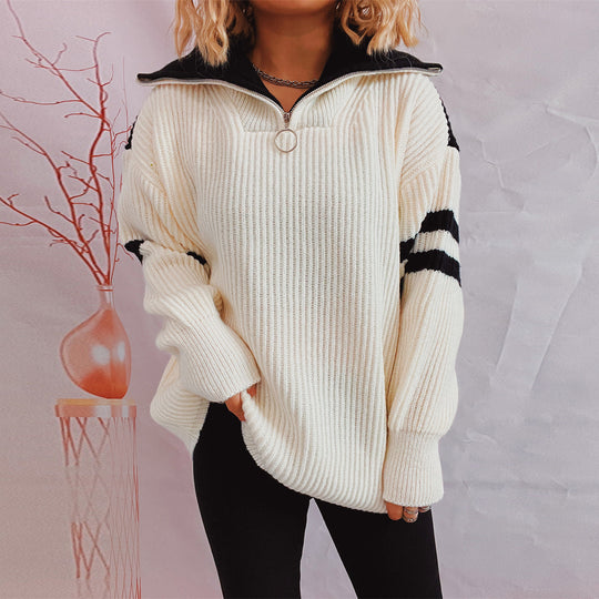 Damen lässiger Pullover im sportlichen Stil mit Stehkragen und Reißverschluss Heidi-Mode