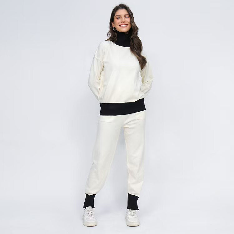 Damen komfortables Strick-Loungewear-Set mit hohem Kragen und elastischen Bündchen Heidi-Mode