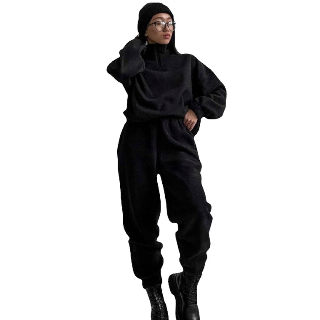 Damen Fleece-Jogginganzug mit kurzem Reißverschluss und lässigem Schnitt Heidi-Mode