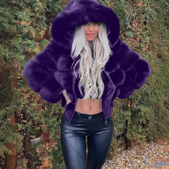 Damen Sportliche Kunstpelzjacke mit Kapuze Heidi-Mode