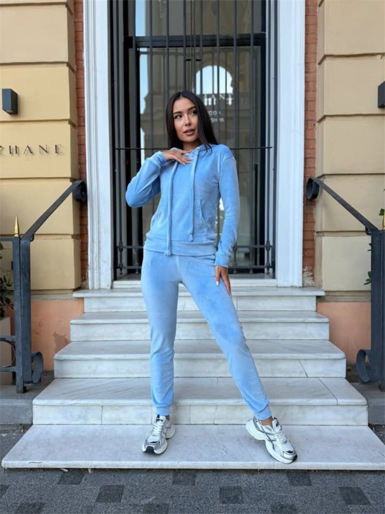 Damen sportlicher Velours-Jogginganzug mit Kapuze und elastischem Bund Heidi-Mode