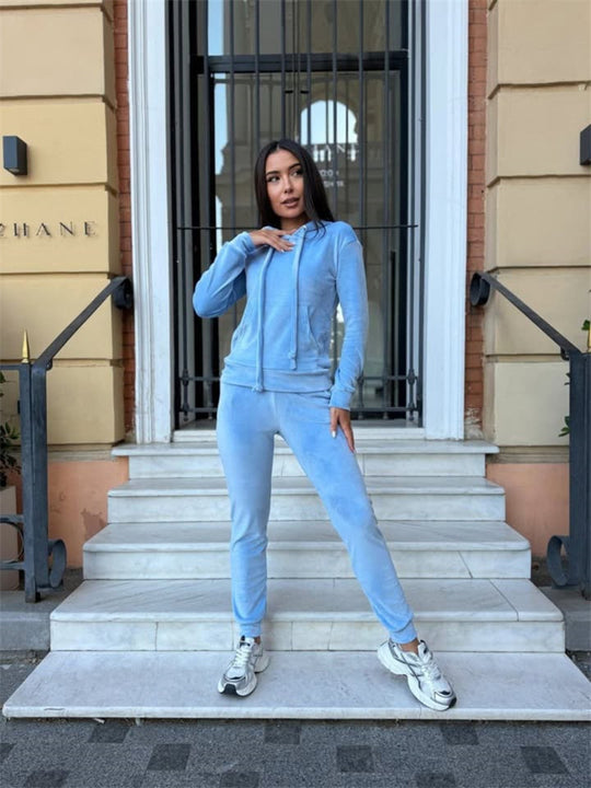 Damen sportlicher Velours-Jogginganzug mit Kapuze und elastischem Bund Heidi-Mode