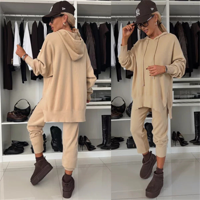 Damen modisches Freizeit-Loungewear-Set aus weichem Material mit Kapuze und weit geschnittenen Hosen Heidi-Mode