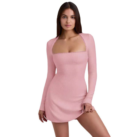 Damen Langärmeliges Minikleid mit elegantem Ausschnitt und Rippstruktur Heidi-Mode