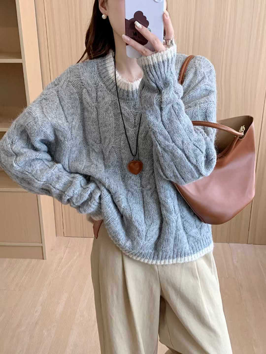 Damen Grob gestrickter Pullover mit Zopfmuster und Rundhalsausschnitt Heidi-Mode