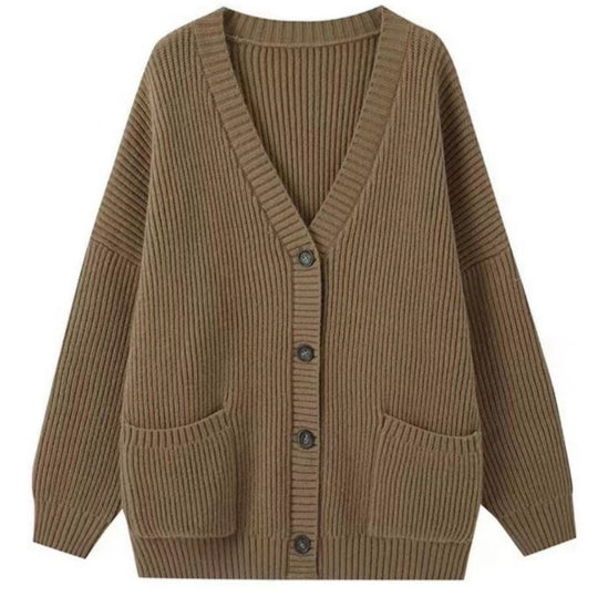 Damen Grobstrick Cardigan mit Taschen und tiefem V-Ausschnitt Heidi-Mode