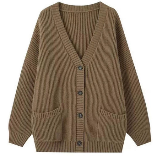 Damen Grobstrick Cardigan mit Taschen und tiefem V-Ausschnitt Heidi-Mode