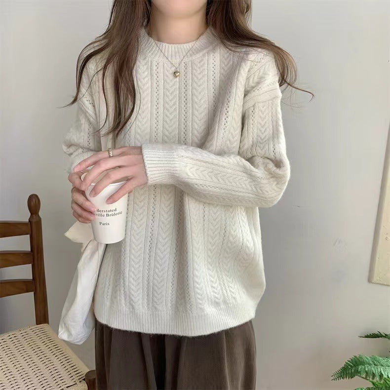 Damen Grobstrickpullover mit modernem Zopfmuster und hohem Rundhalsausschnitt Heidi-Mode