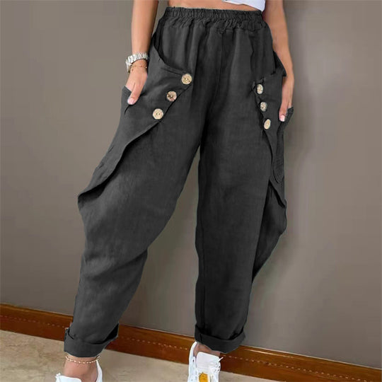 Damen lässige Sommerhose mit Knopfdetails und praktischen Seitentaschen Heidi-Mode