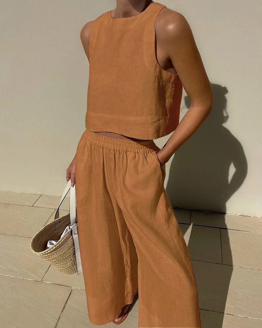 Damen luftiges und modernes Leinen-Set mit Cropped Top und weitem Hose Heidi-Mode