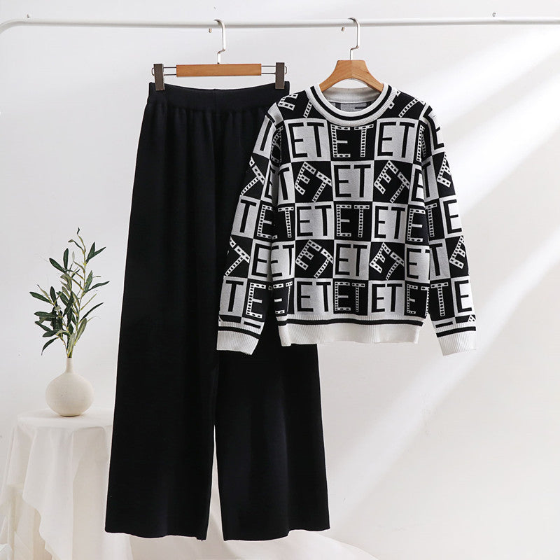 Damen lässiges Strick-Loungewear-Set mit grafischem Muster und weitem Schnitt Heidi-Mode