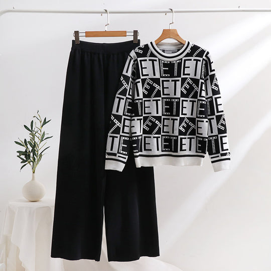 Damen lässiges Strick-Loungewear-Set mit grafischem Muster und weitem Schnitt Heidi-Mode