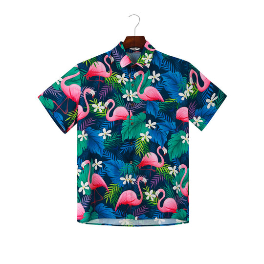 Herren Kurzarmhemd mit lebendigem Flamingo-Muster und atmungsaktiver Baumwolle Heidi-Mode