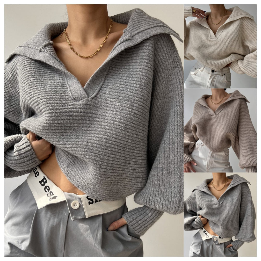 Damen Großer Strickpulli mit V-Ausschnitt Heidi-Mode