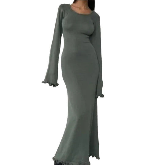 Damen Elegantes Maxikleid mit raffiniertem Rippdesign und fransigen Ärmeln Heidi-Mode