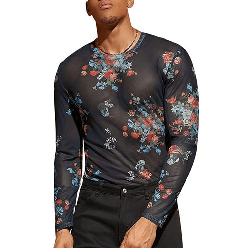 Herren Langarmshirt mit floralem Muster und transparentem Stoff Heidi-Mode