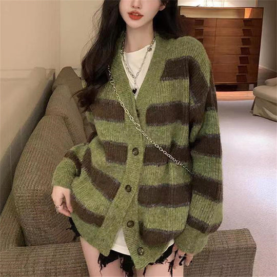 Damen Grobstrickjacke mit modischem Streifenmuster und lässigem Schnitt Heidi-Mode