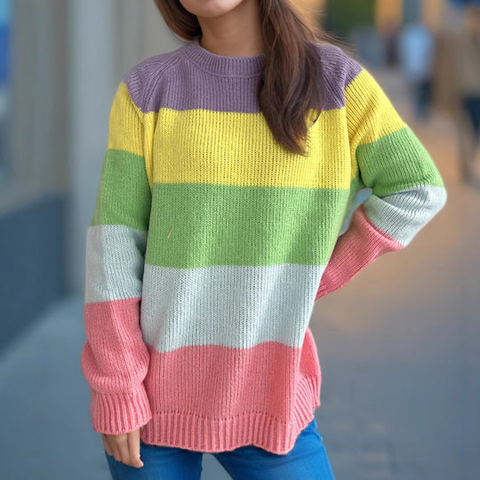 Damen lässiger Strickpullover mit bunten Blockstreifen und weitem Schnitt Heidi-Mode