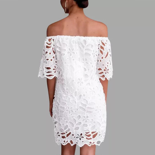 Damen Off-Shoulder Kleid mit floralen Cut-Outs und luftigen Ärmeln Heidi-Mode