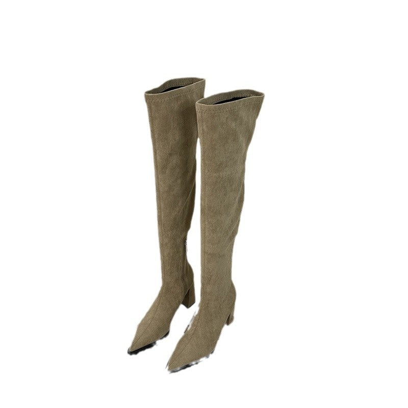 Heidi-Mode | Chunky Heel Hohe Stiefel Lange Wildleder Reißverschluss Stretch Dünn