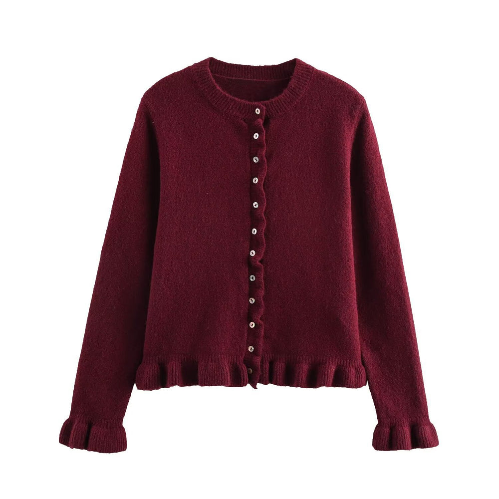 Damen Strickjacke mit dekorativem Rüschensaum und Knopfverschluss Heidi-Mode