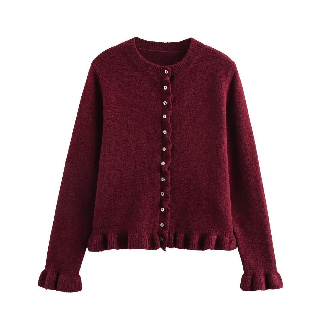 Damen Strickjacke mit dekorativem Rüschensaum und Knopfverschluss Heidi-Mode