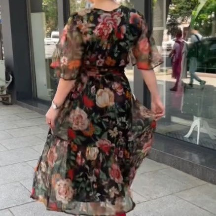 Damen Floral Maxi Kleid mit Rüschensleeves und hohem Schlitz Heidi-Mode